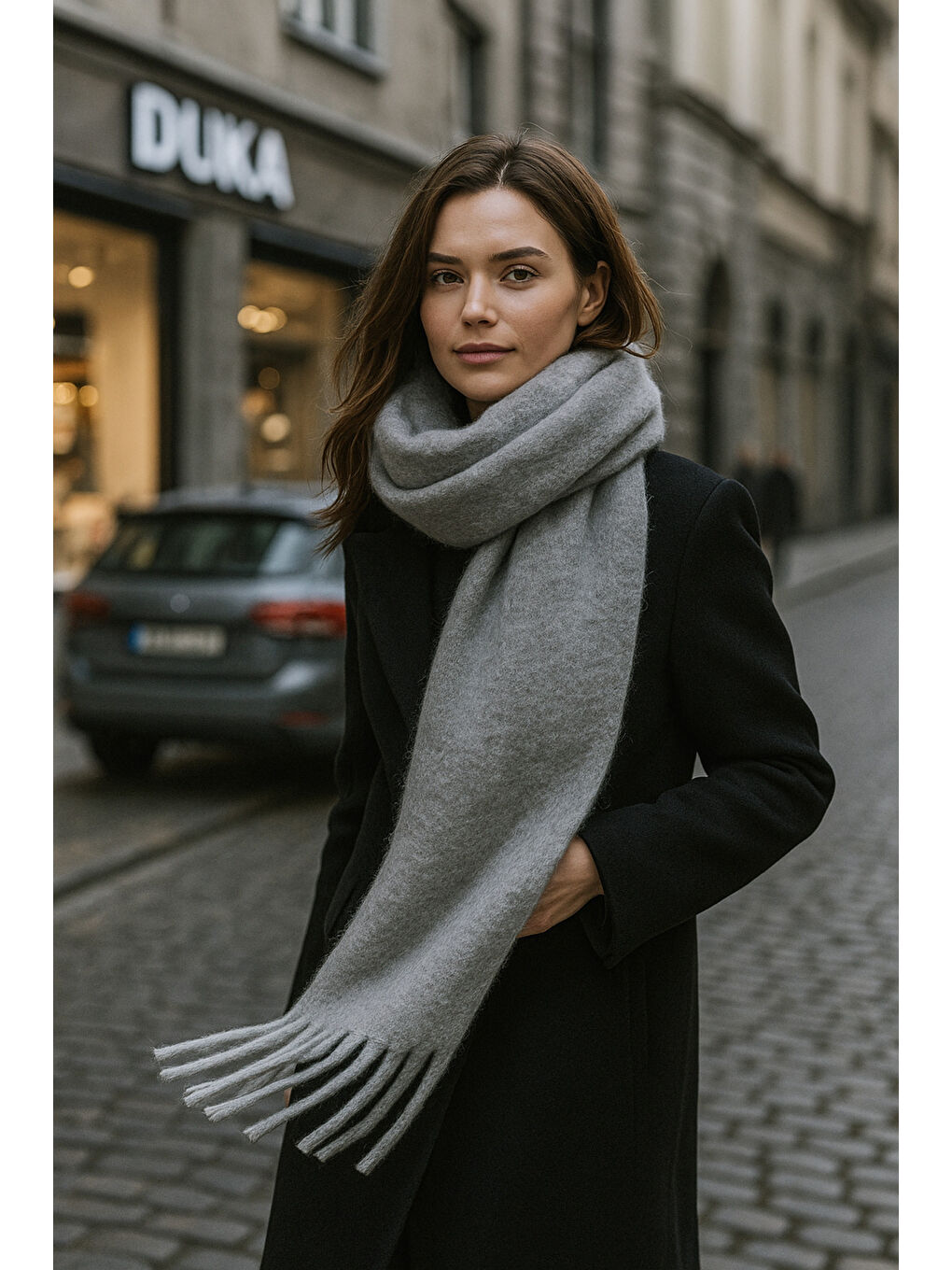 Kadın Antrasit Püsküllü İthal Atkı-Şal SAL1295-2