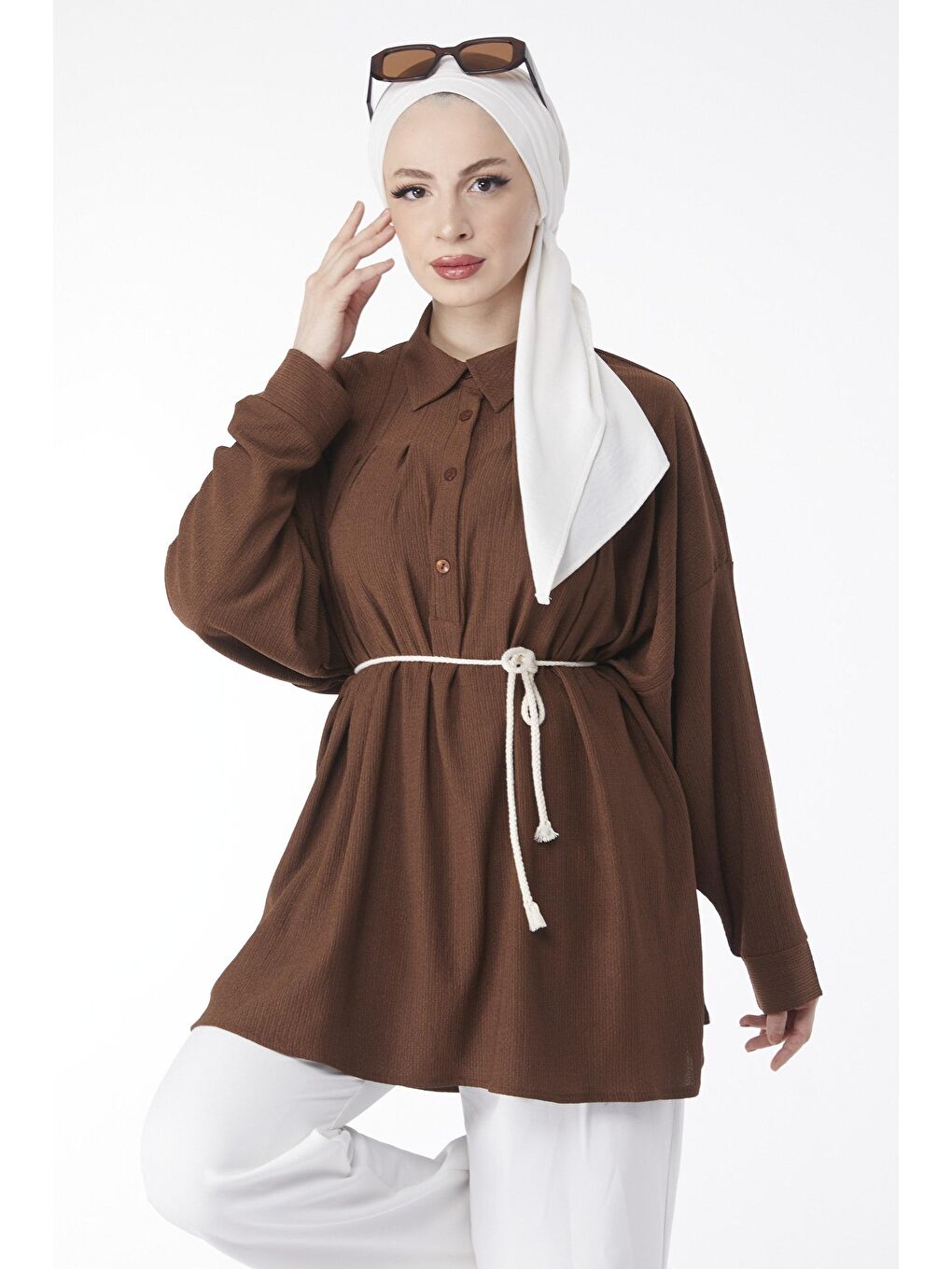 Gömlek Yaka Kadın Kahverengi Kemerli Tunik - 24716