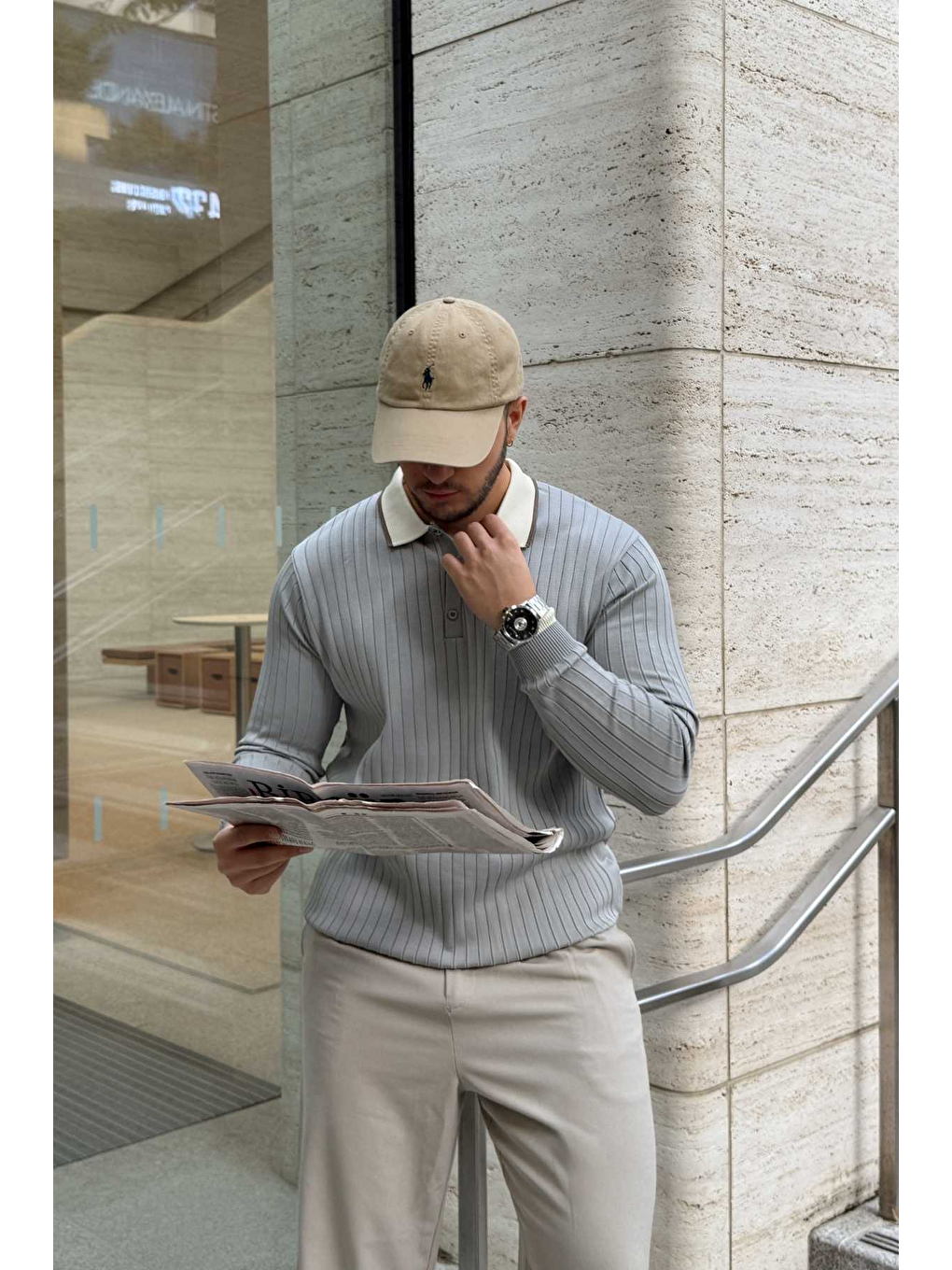 Gri Luzi Çizgi Desenli Polo Yaka Premium Erkek Triko Kazak-6