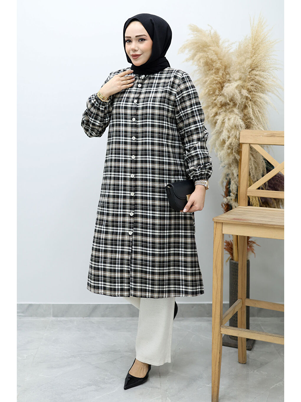 Kahverengi Düğmeli Ekose Takım TSD260154 Sütlü Kahve