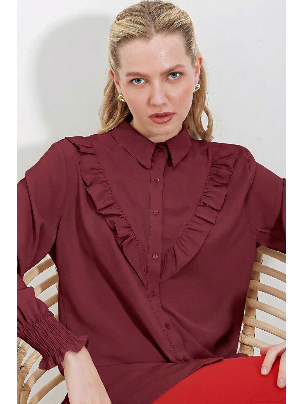 20223 Fırfırlı Uzun Kol Gömlek - Bordo-1