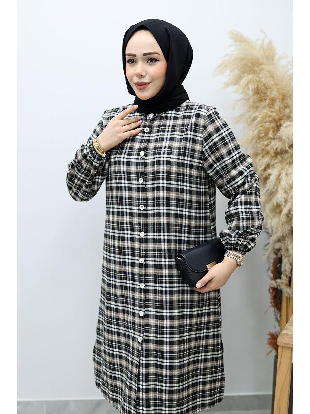 Kahverengi Düğmeli Ekose Takım TSD260154 Sütlü Kahve-1