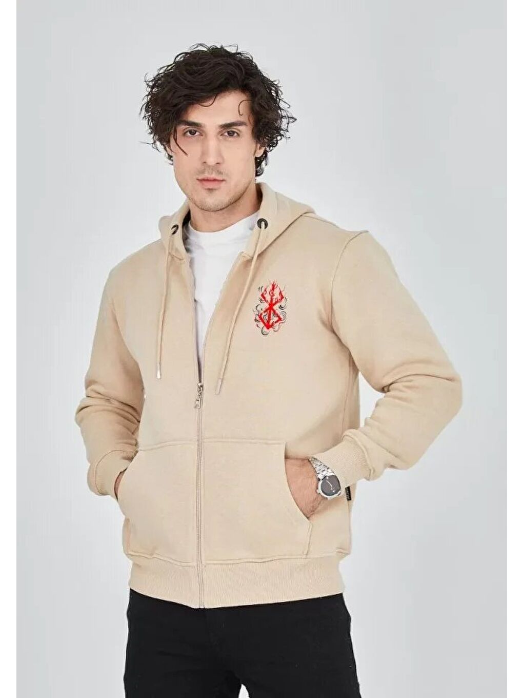 Unisex Baskılı Tam Fermuarlı Kapüşonlu SweatShirt - Bej