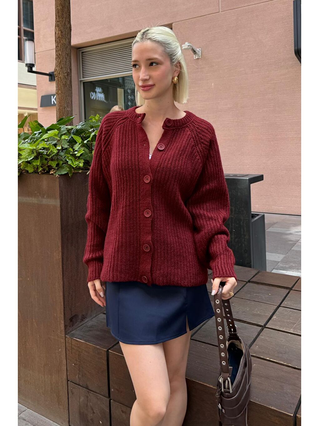Bordo Bisiklet Yaka Selanik Örgü Düğmeli Kadın Hırka Mg2487-7