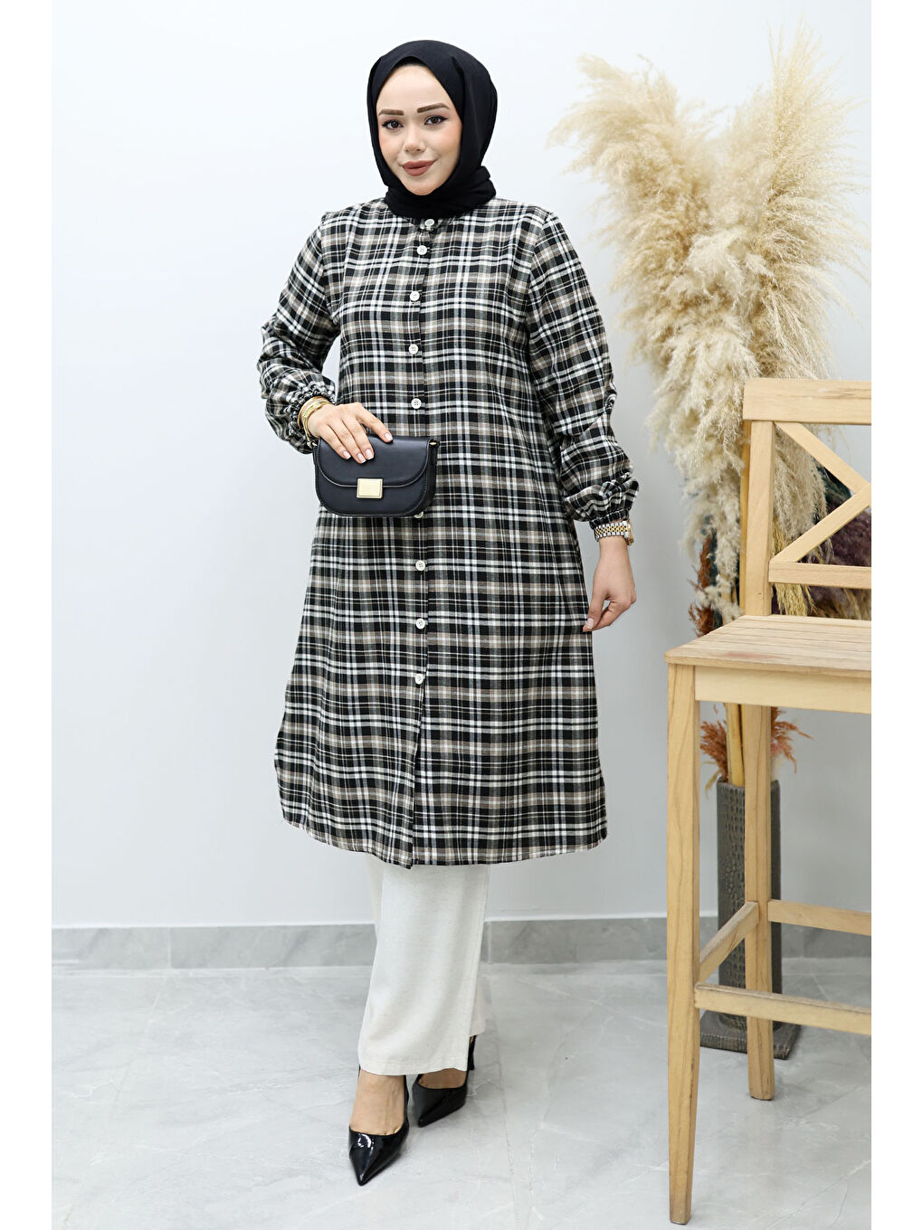 Kahverengi Düğmeli Ekose Takım TSD260154 Sütlü Kahve-2