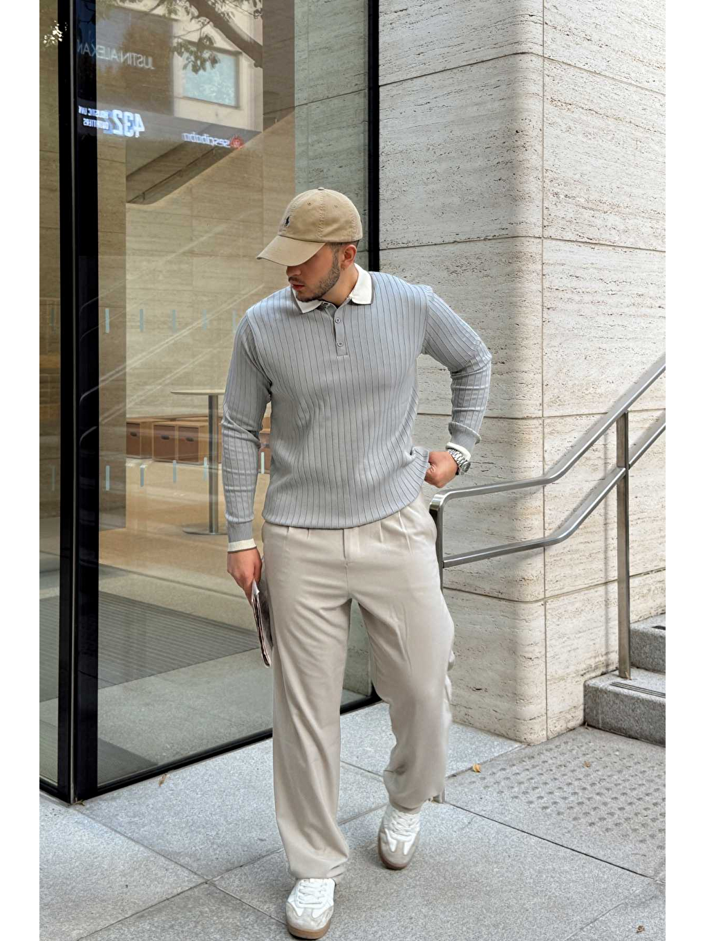 Gri Luzi Çizgi Desenli Polo Yaka Premium Erkek Triko Kazak-7