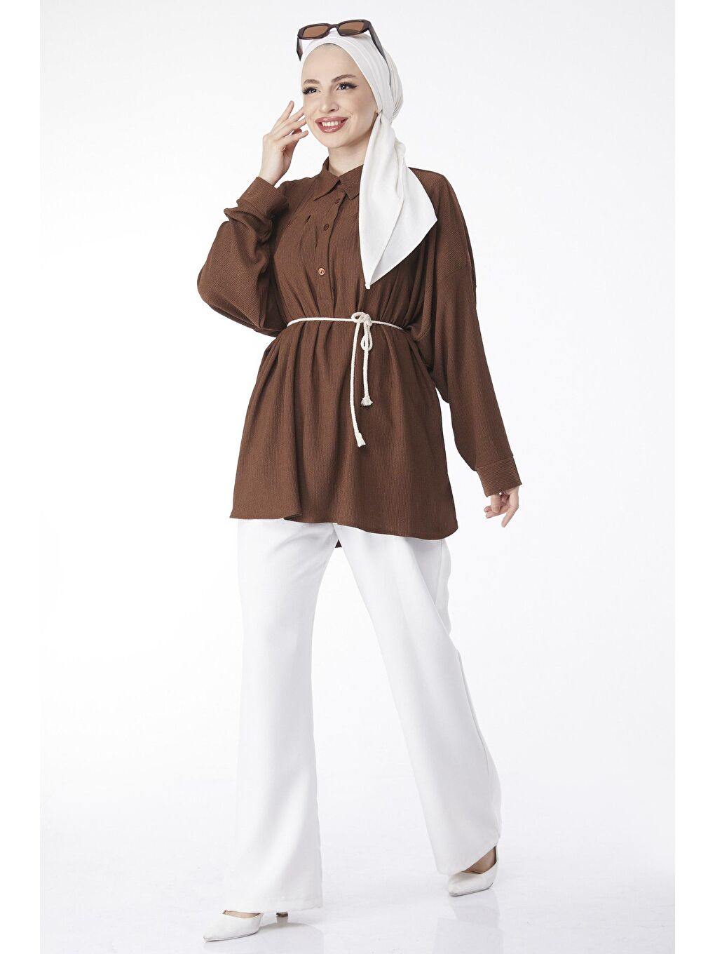 Gömlek Yaka Kadın Kahverengi Kemerli Tunik - 24716-1