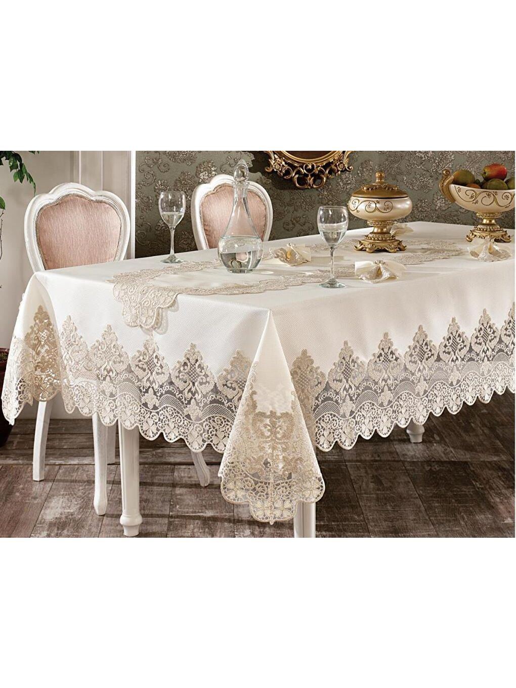 Karışık Fransız Güpürlü Yakut Masa Örtüsü Takımı 26 Parça Ekru Altın