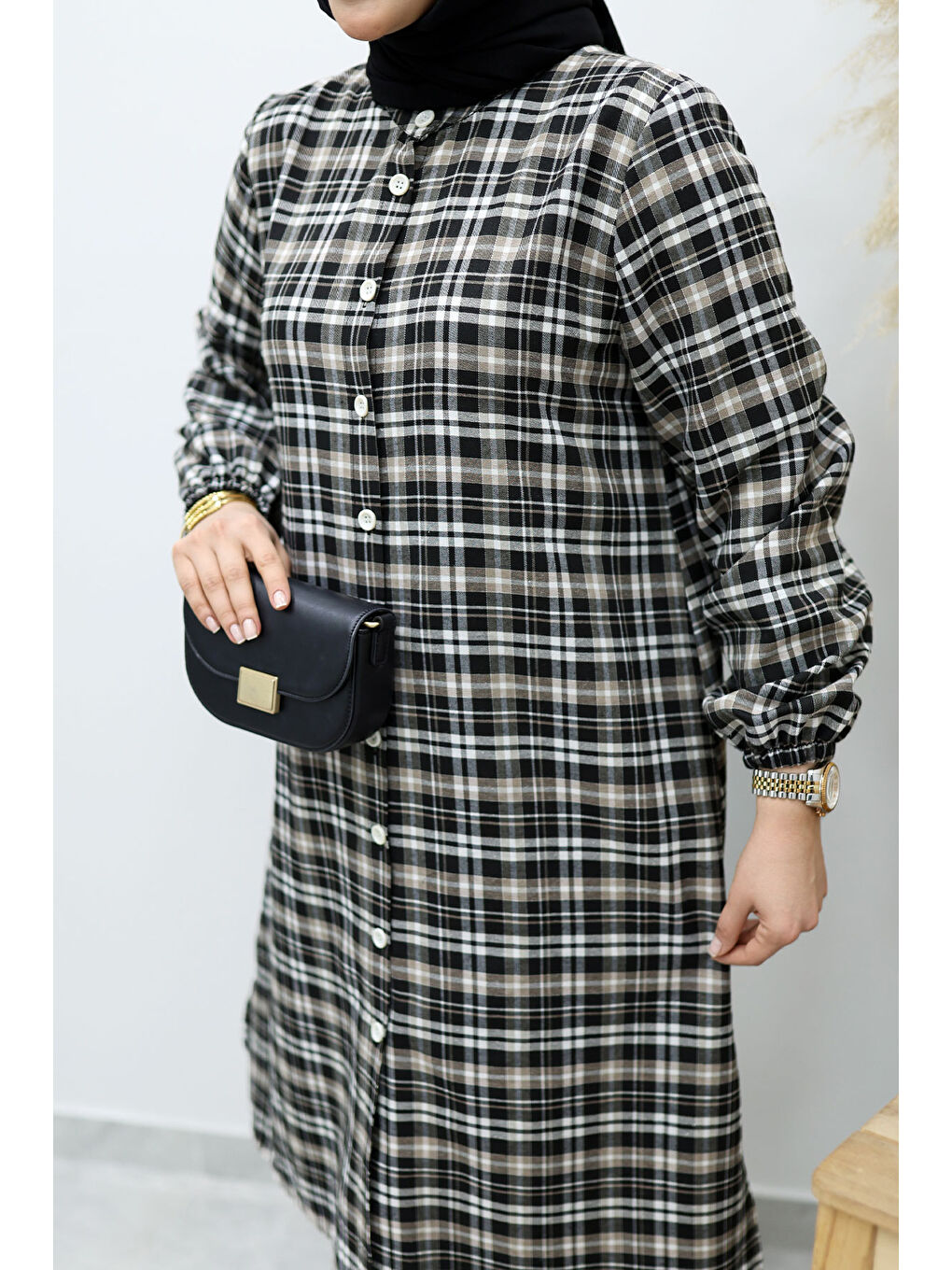 Kahverengi Düğmeli Ekose Takım TSD260154 Sütlü Kahve-3