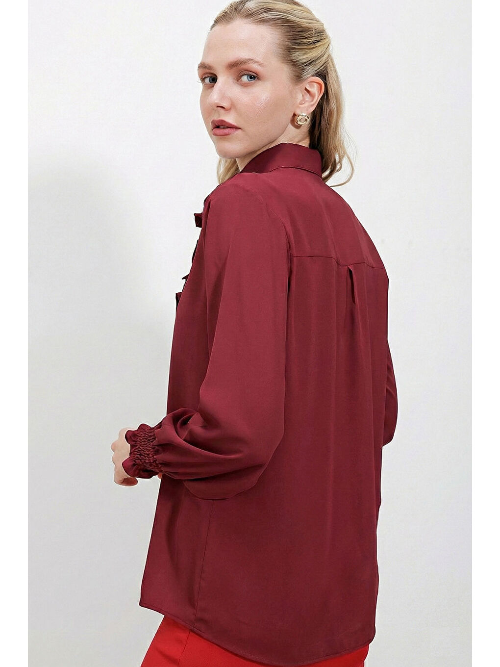20223 Fırfırlı Uzun Kol Gömlek - Bordo-2