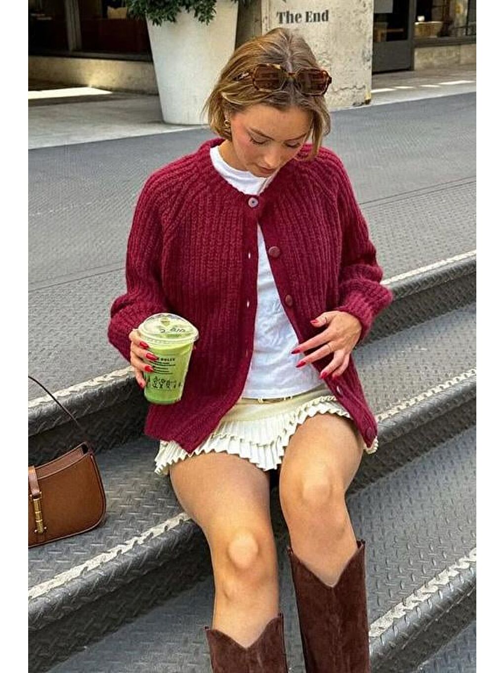 Bordo Bisiklet Yaka Selanik Örgü Düğmeli Kadın Hırka Mg2487