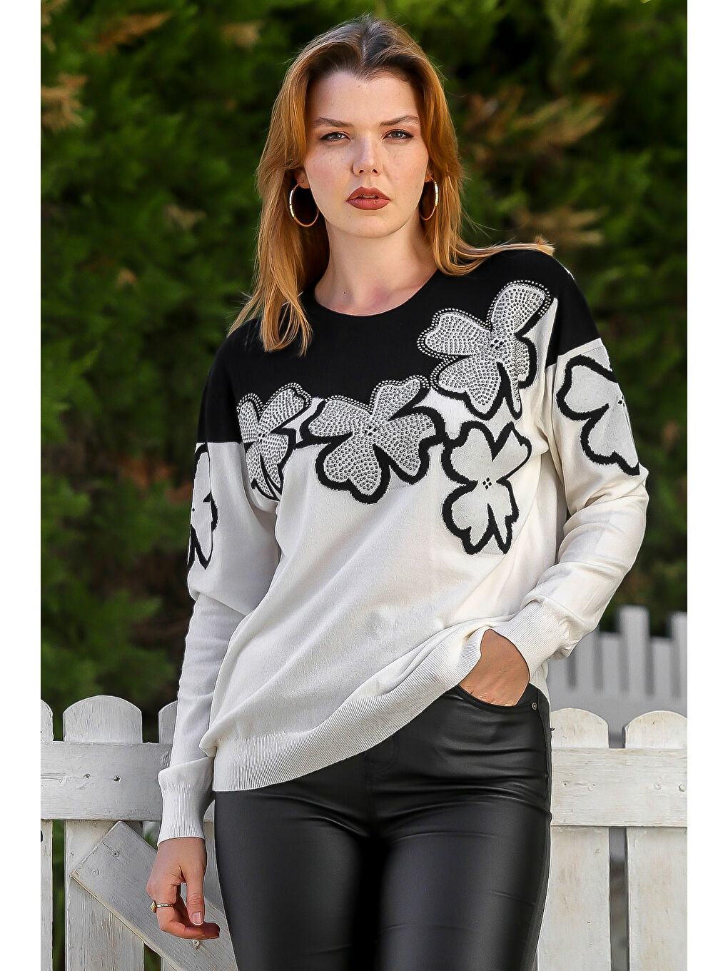 Ekru Yuvarlak Yaka Uzun Kol Çiçekli Troklu Casual Triko Kazak 65 60