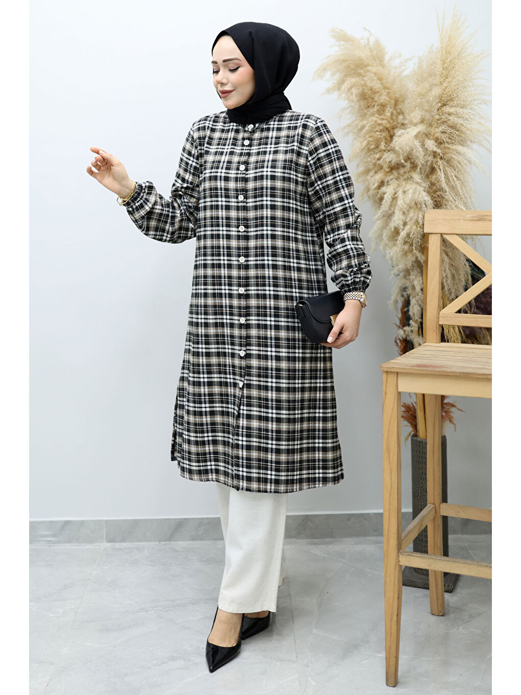 Kahverengi Düğmeli Ekose Takım TSD260154 Sütlü Kahve-4