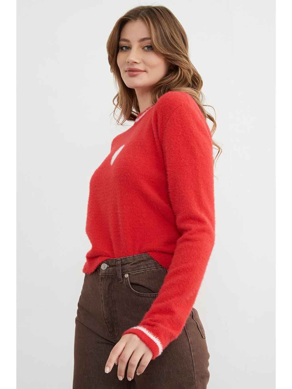 Kırmızı Kalp Desenli Bisiklet Yaka Sakallı Kazak-4