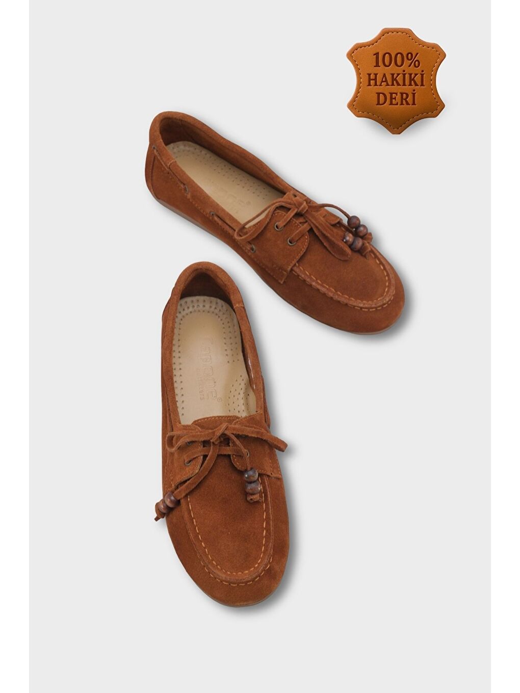 Kahverengi Vicki Hakiki Deri Süet Bağcıklı Boncuklu Konfor Kadın Loafer Tekne Ayakkabısı-1
