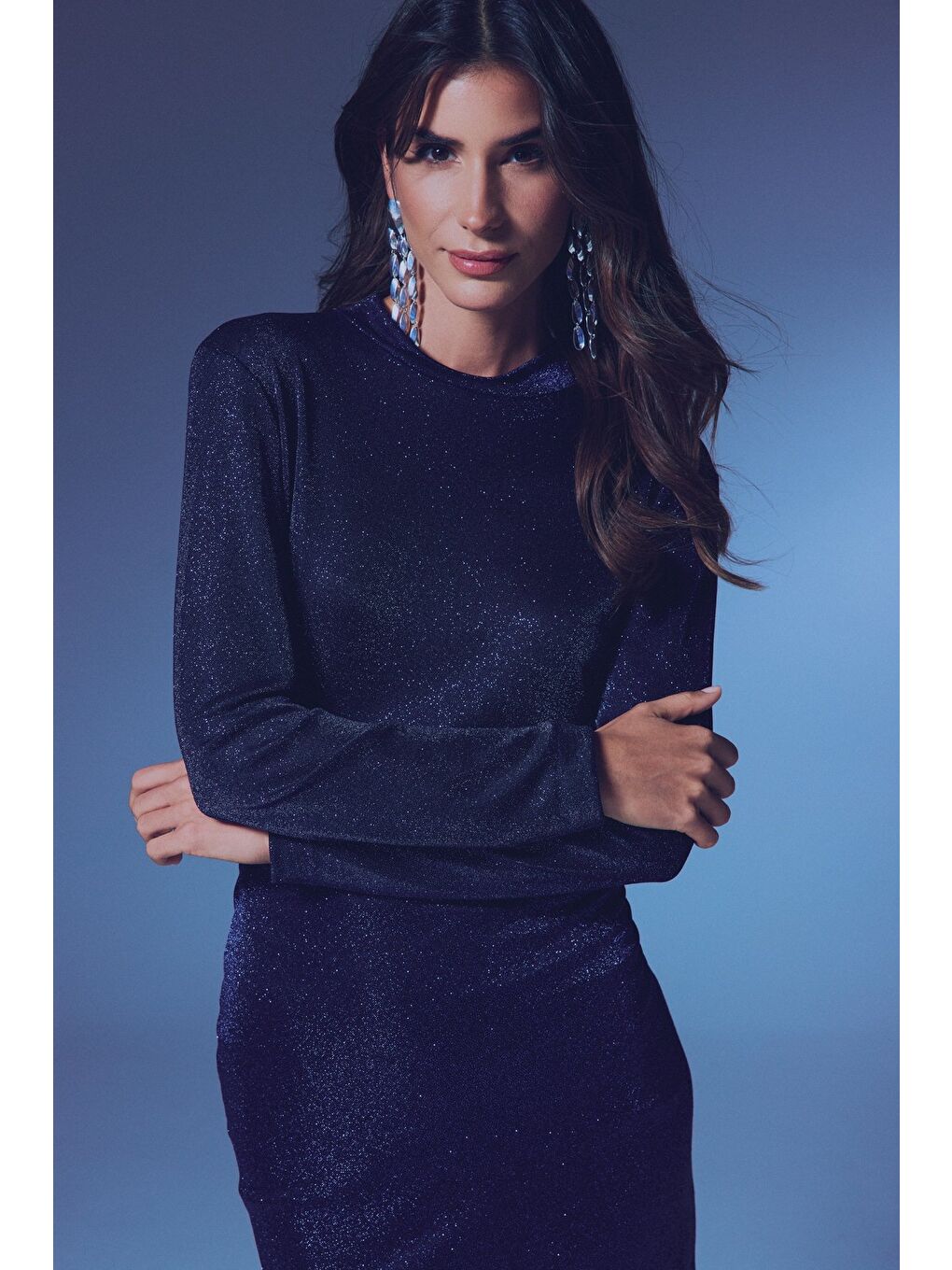 Dik Yaka Simli Bodysuit - Lacivert-4