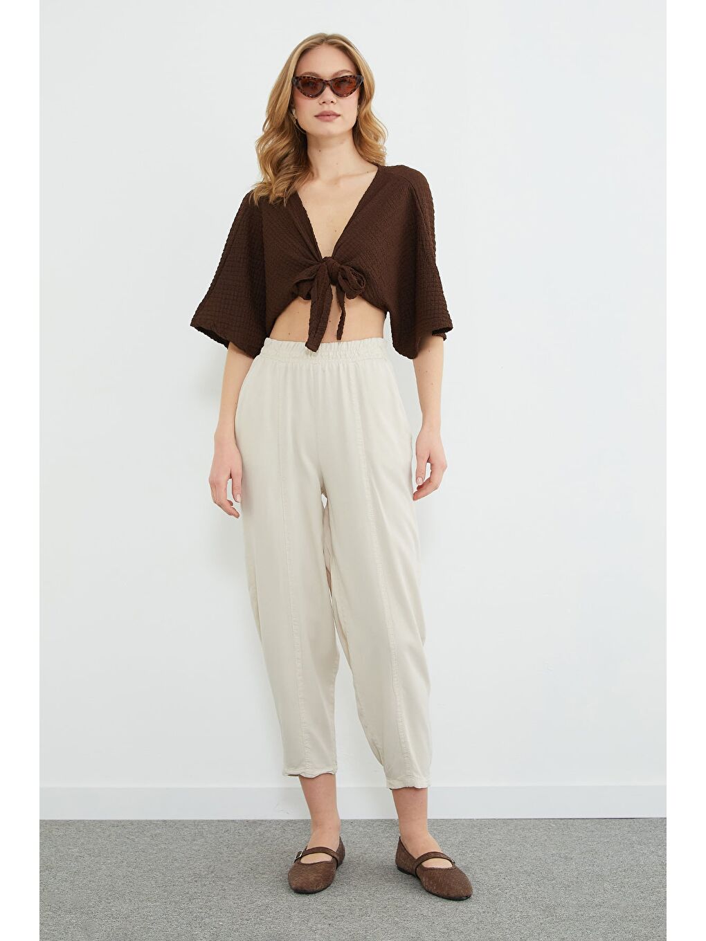 Bej Beli Lastikli Nervür Dikişli Şalvar Pantolon