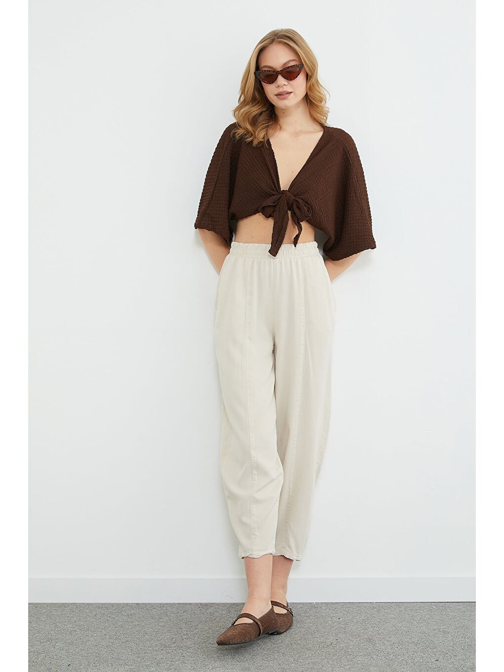 Bej Beli Lastikli Nervür Dikişli Şalvar Pantolon-1