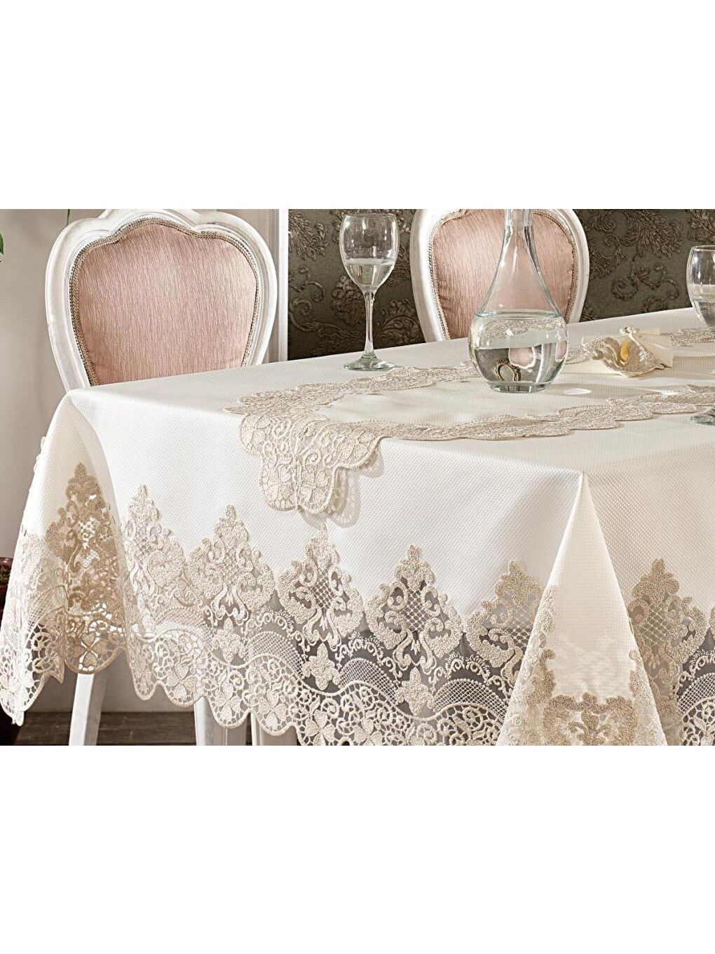 Karışık Fransız Güpürlü Yakut Masa Örtüsü Takımı 26 Parça Ekru Altın-1