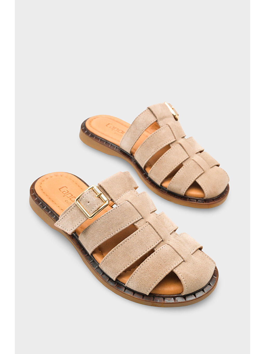 Bej Missy Hakiki Süet Gladyatör Düz Topuklu Kadın Sabo Terlik-1