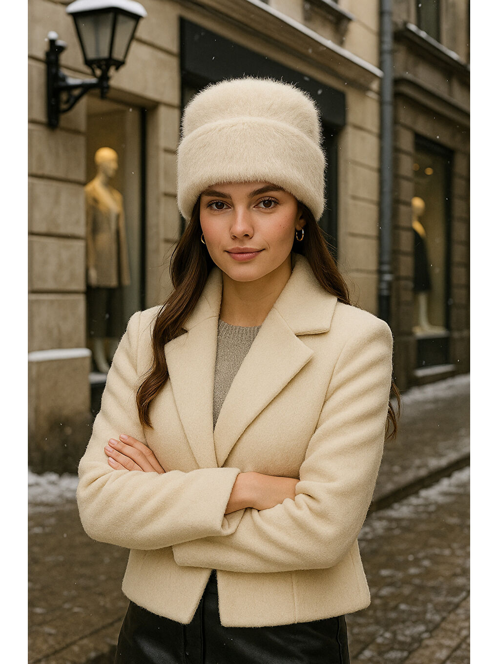 Kadın Bej Yünlü Pelüş Bere BERE1146-1