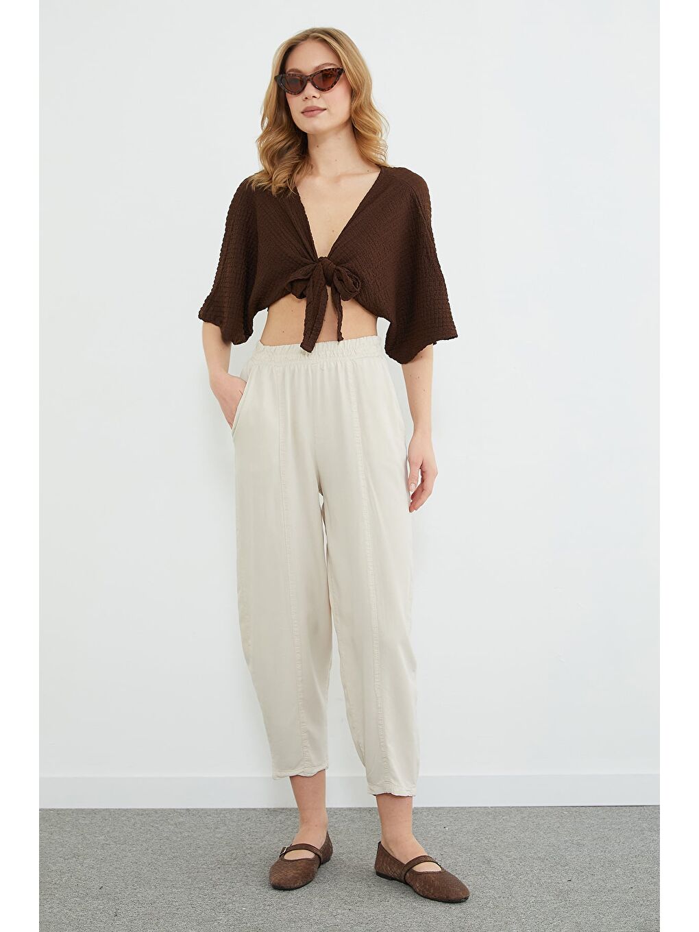 Bej Beli Lastikli Nervür Dikişli Şalvar Pantolon-2