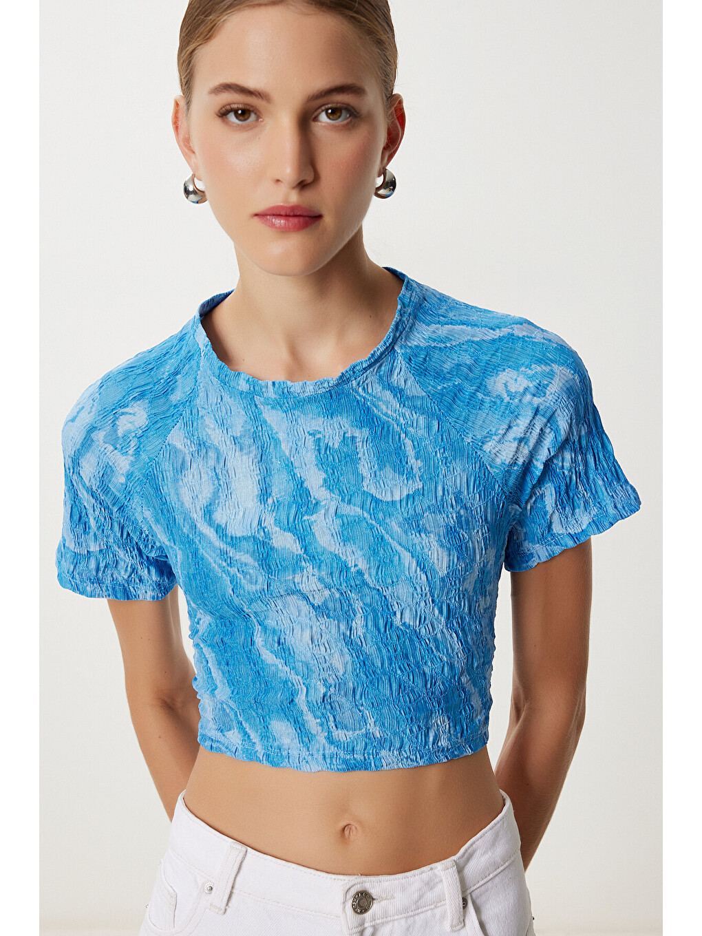 Mavi Desenli Crop Krinkıl Bluz GÖK MAVİ LAN0048