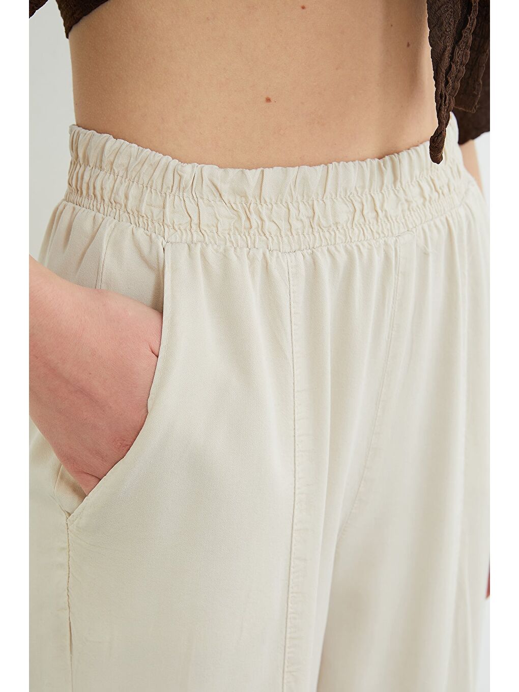 Bej Beli Lastikli Nervür Dikişli Şalvar Pantolon-4