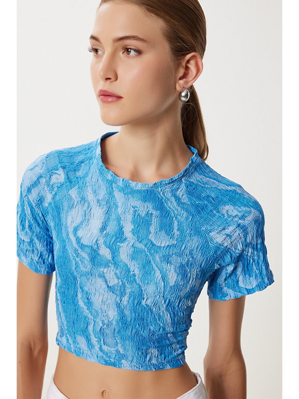 Mavi Desenli Crop Krinkıl Bluz GÖK MAVİ LAN0048-2