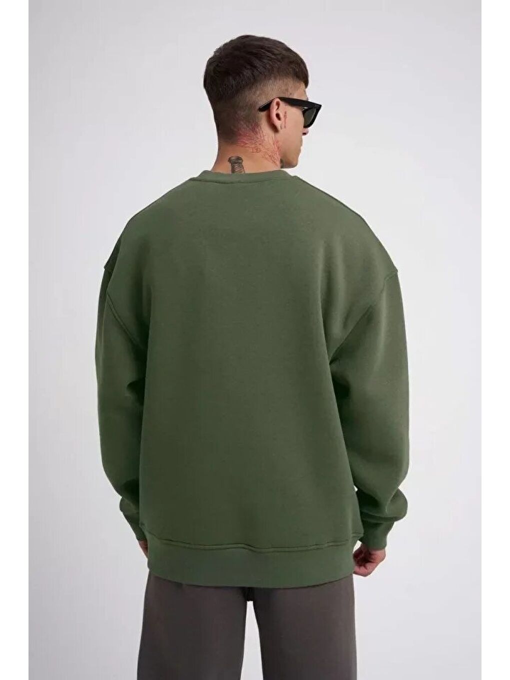 Unisex Biskilet Yaka Üç İplik SweatShirt - Haki-1