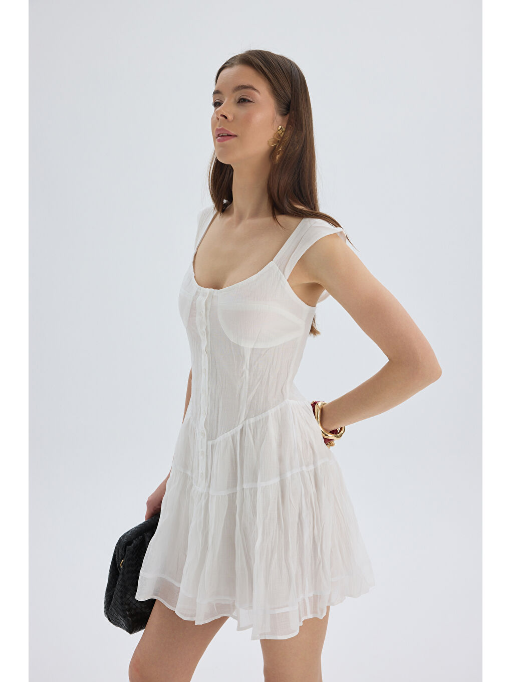 Serena Düğmeli Ekru Mini Elbise-5