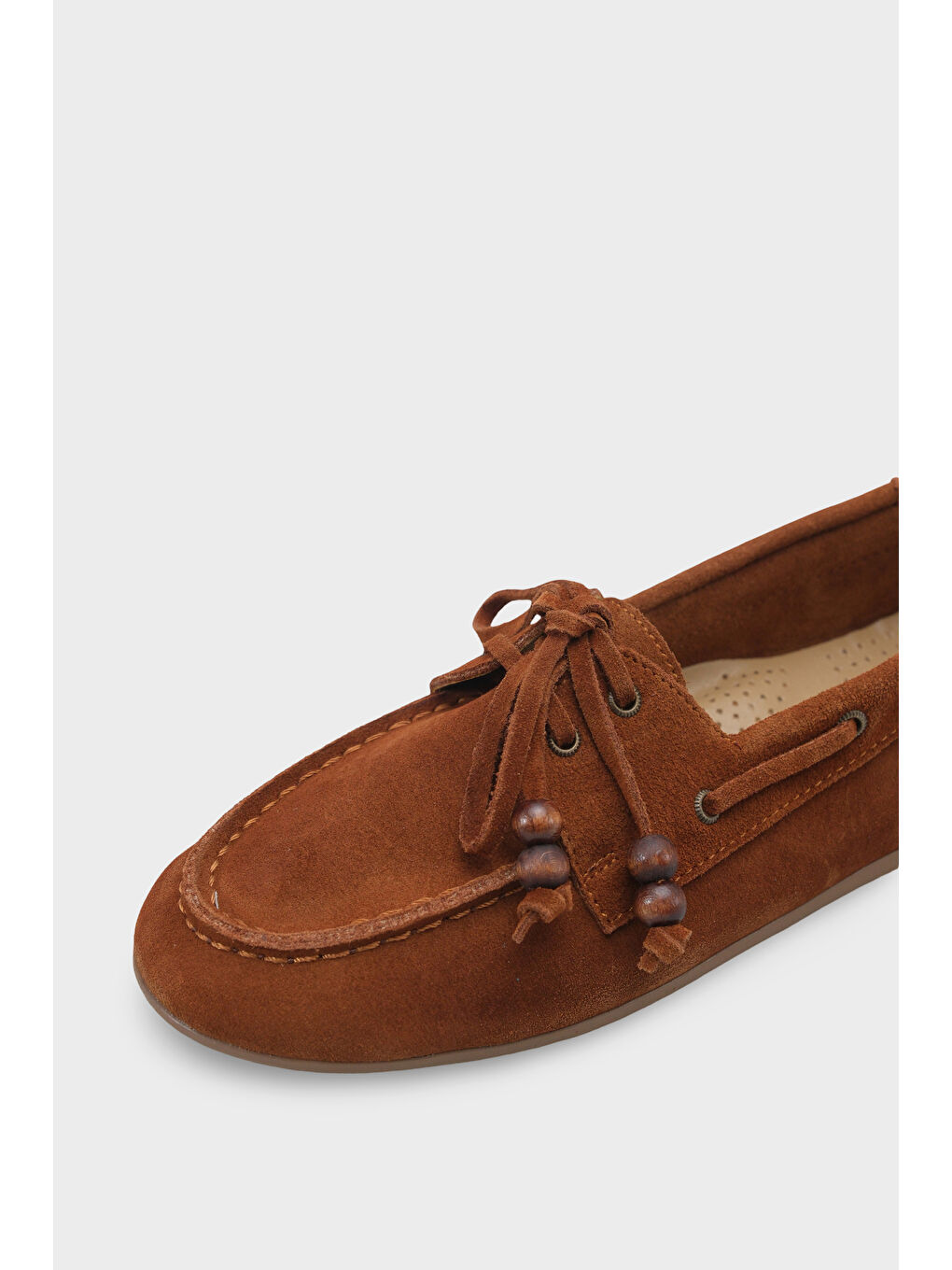 Kahverengi Vicki Hakiki Deri Süet Bağcıklı Boncuklu Konfor Kadın Loafer Tekne Ayakkabısı-3