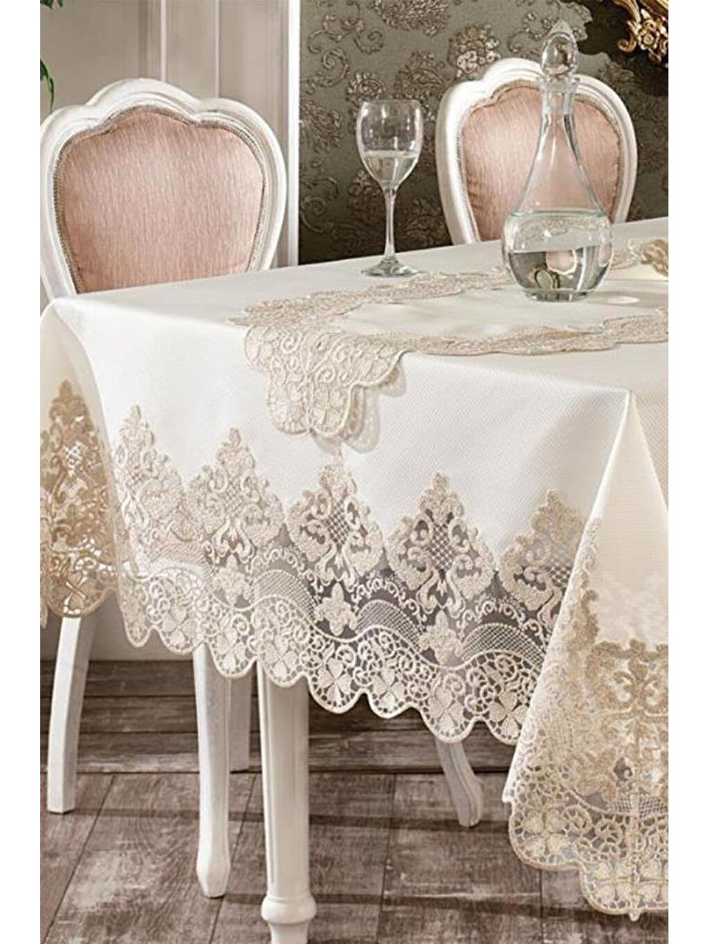 Karışık Fransız Güpürlü Yakut Masa Örtüsü Takımı 26 Parça Ekru Altın-2