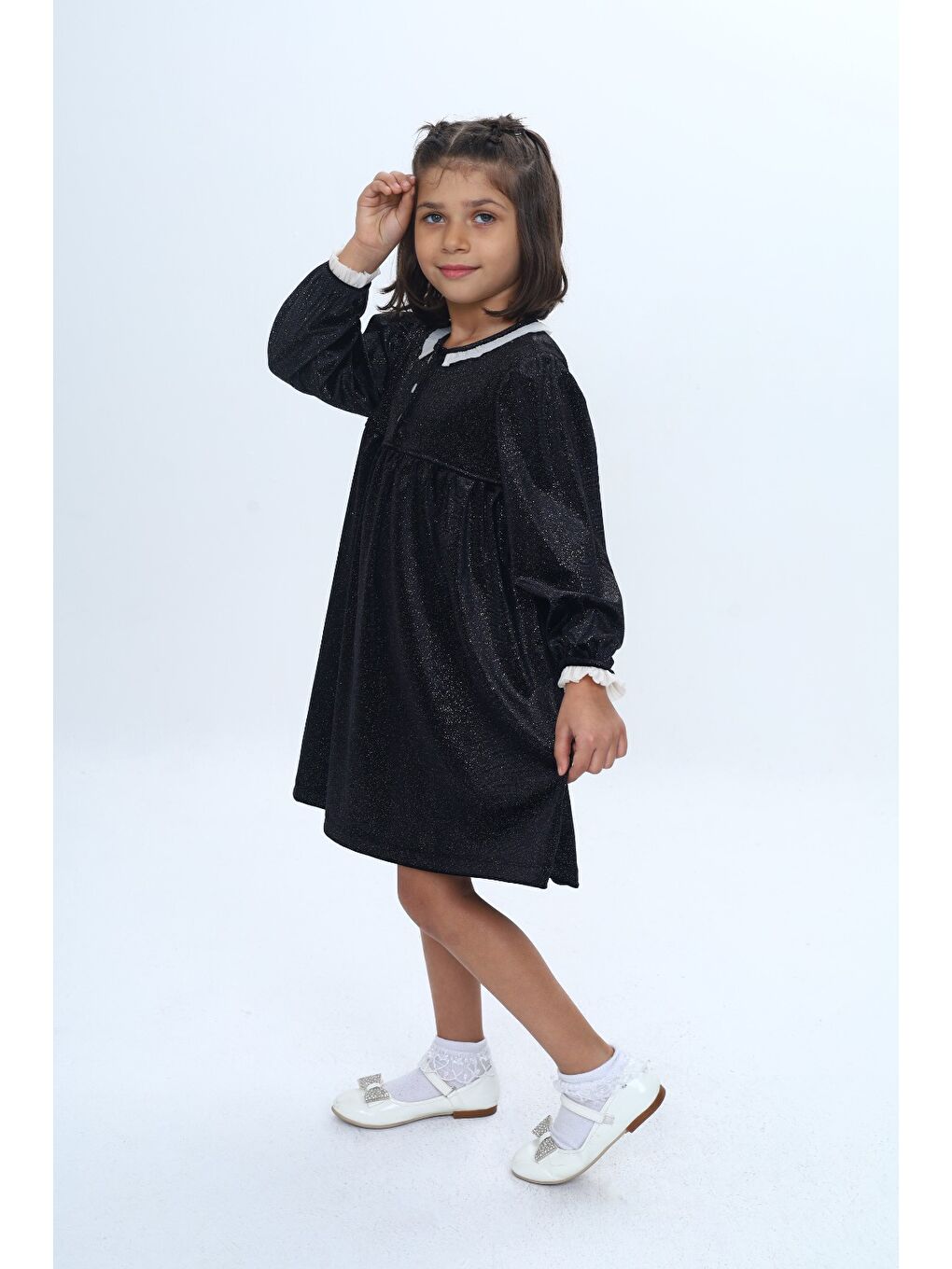 Siyah Kız Çocuk Yaka Düğmeli Fırfırlı Elbise-1