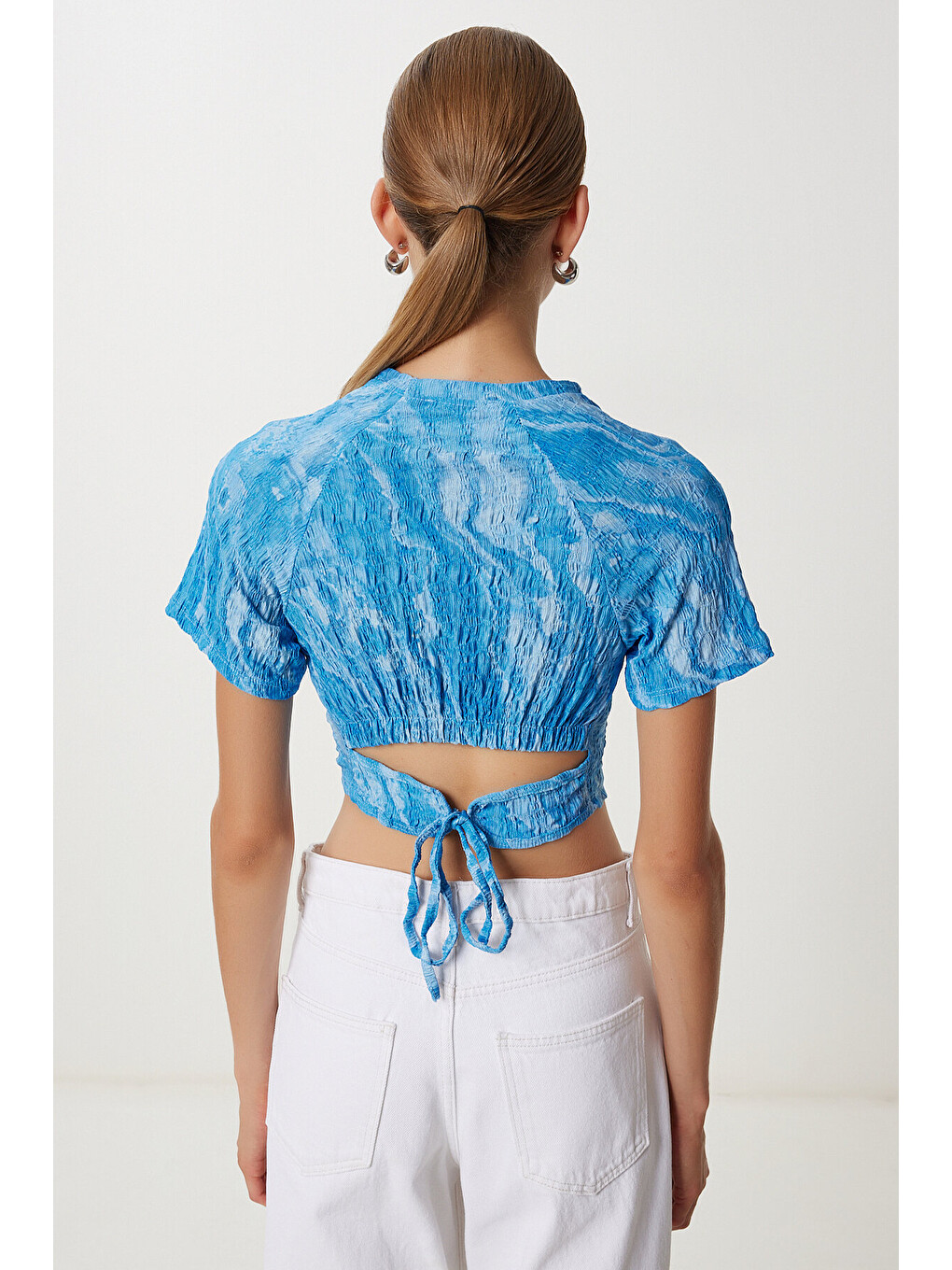 Mavi Desenli Crop Krinkıl Bluz GÖK MAVİ LAN0048-4