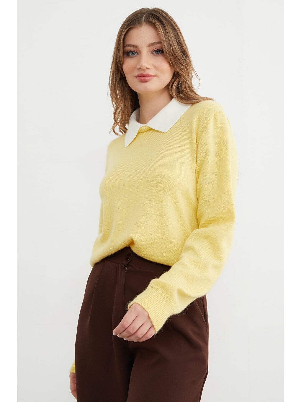 Sarı Basic Polo Yaka Triko Kazak-3