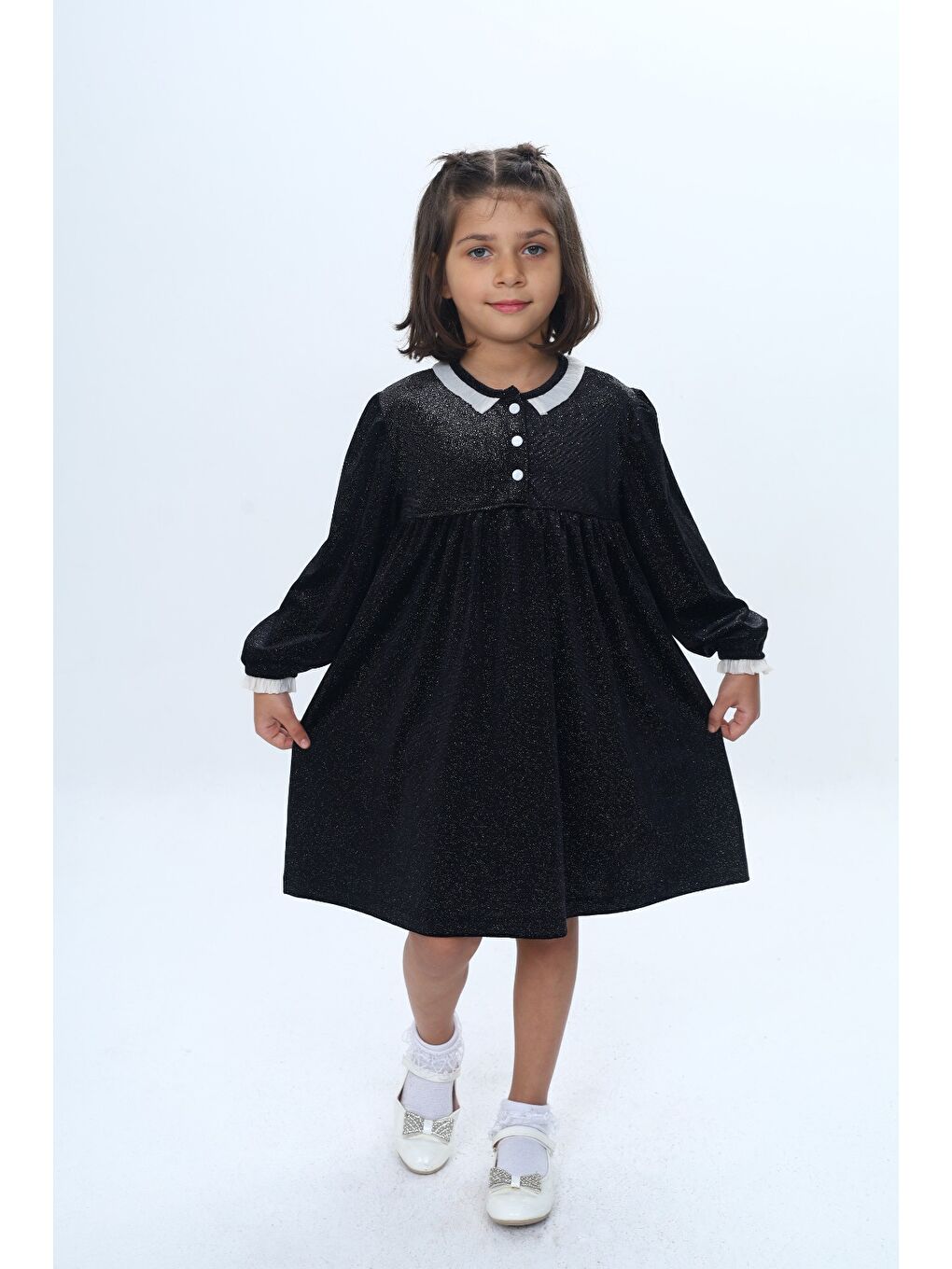 Siyah Kız Çocuk Yaka Düğmeli Fırfırlı Elbise-2