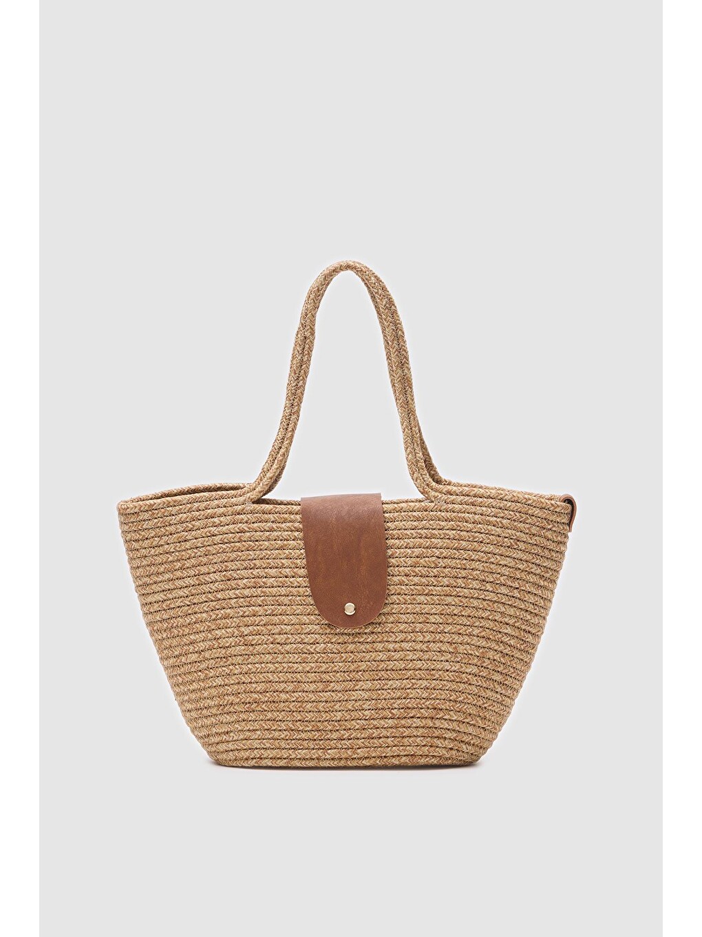 Bej Duffy Kapaklı Handmade Hasır Tote Çanta Vizon