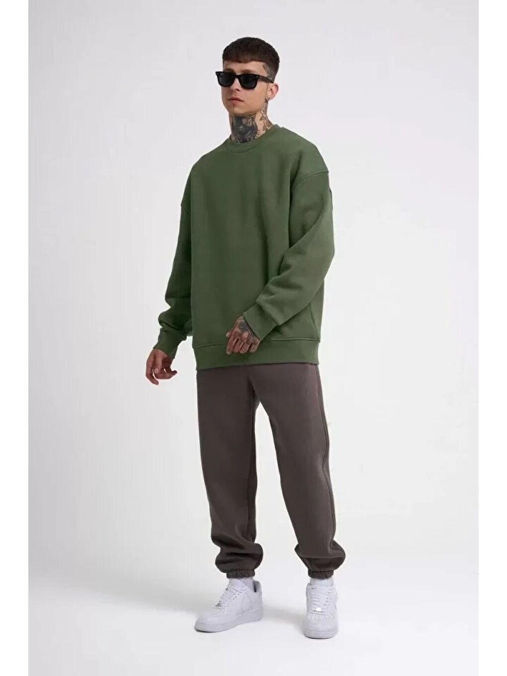 Unisex Biskilet Yaka Üç İplik SweatShirt - Haki-2