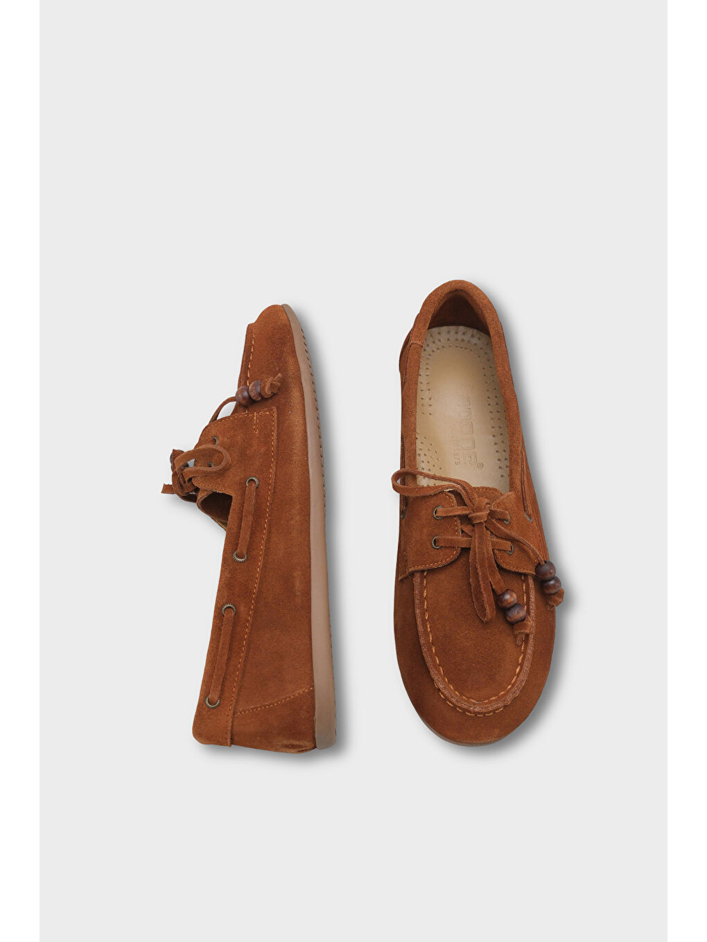 Kahverengi Vicki Hakiki Deri Süet Bağcıklı Boncuklu Konfor Kadın Loafer Tekne Ayakkabısı-4