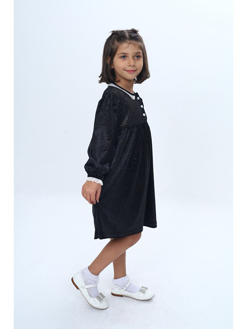 Siyah Kız Çocuk Yaka Düğmeli Fırfırlı Elbise-3