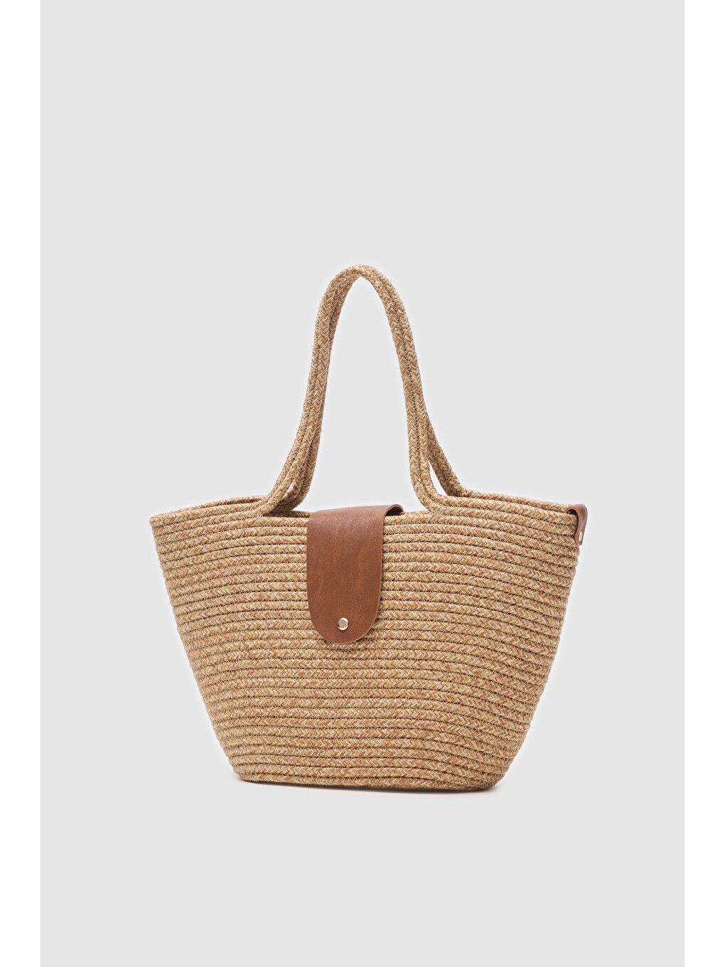 Bej Duffy Kapaklı Handmade Hasır Tote Çanta Vizon-2