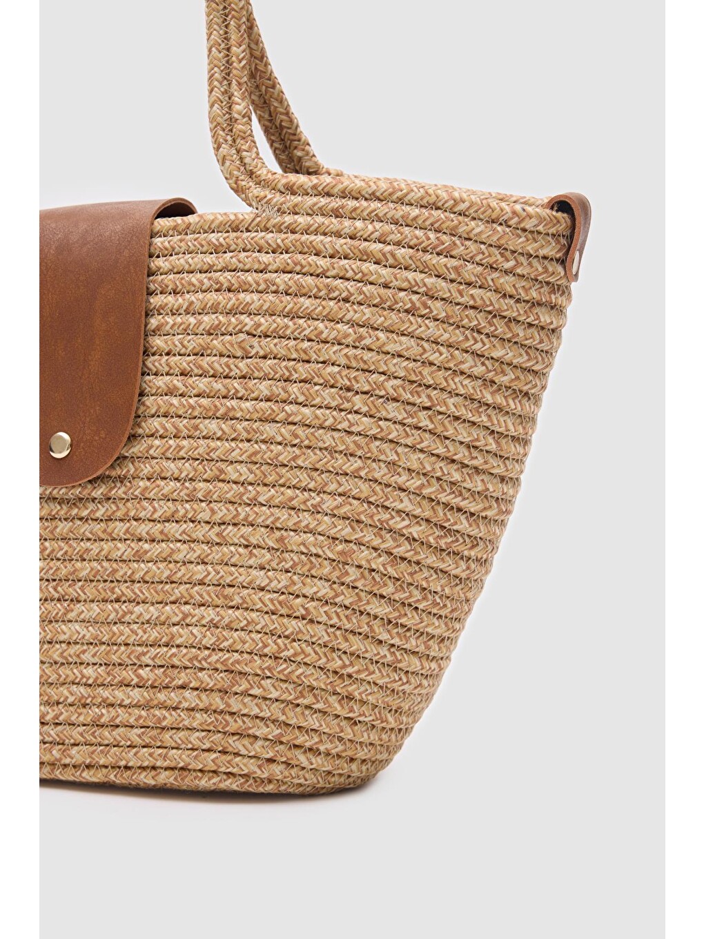Bej Duffy Kapaklı Handmade Hasır Tote Çanta Vizon-4