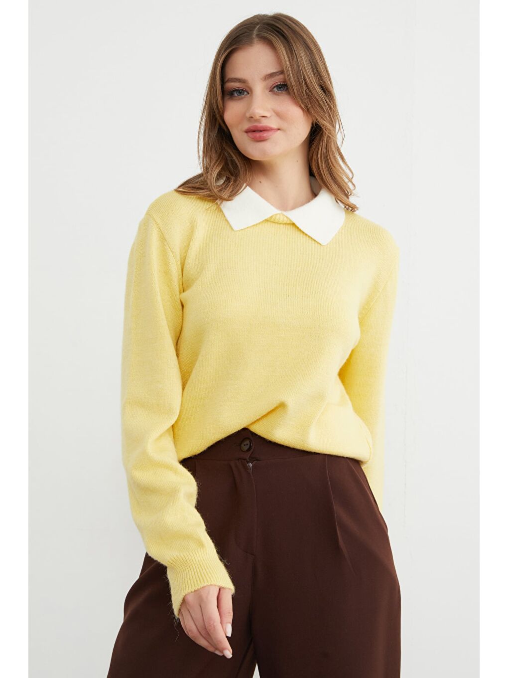 Sarı Basic Polo Yaka Triko Kazak-4