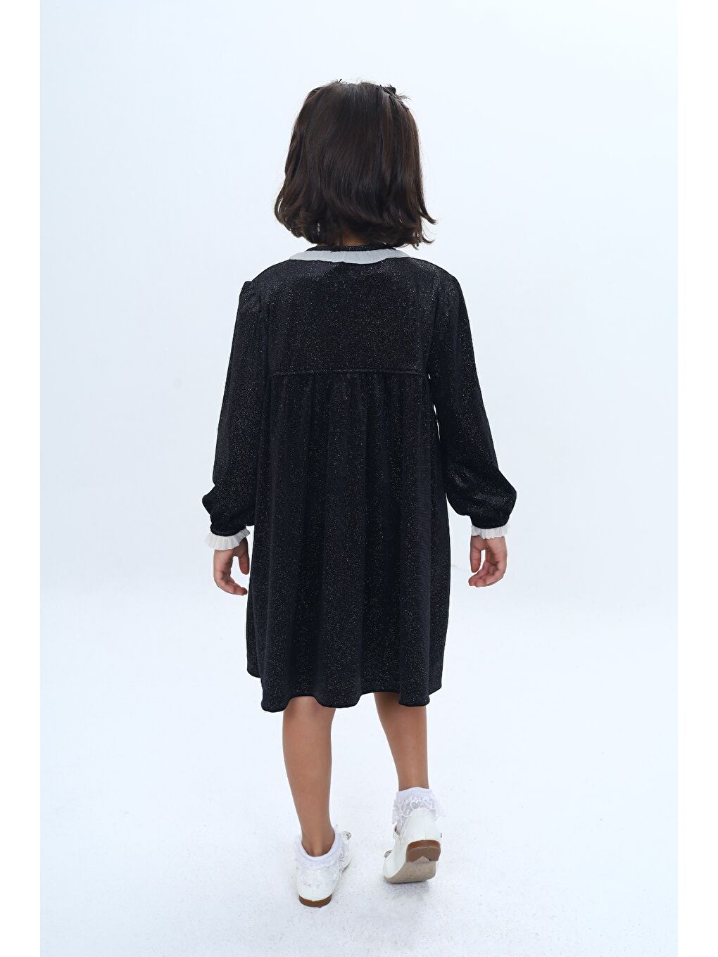 Siyah Kız Çocuk Yaka Düğmeli Fırfırlı Elbise-4
