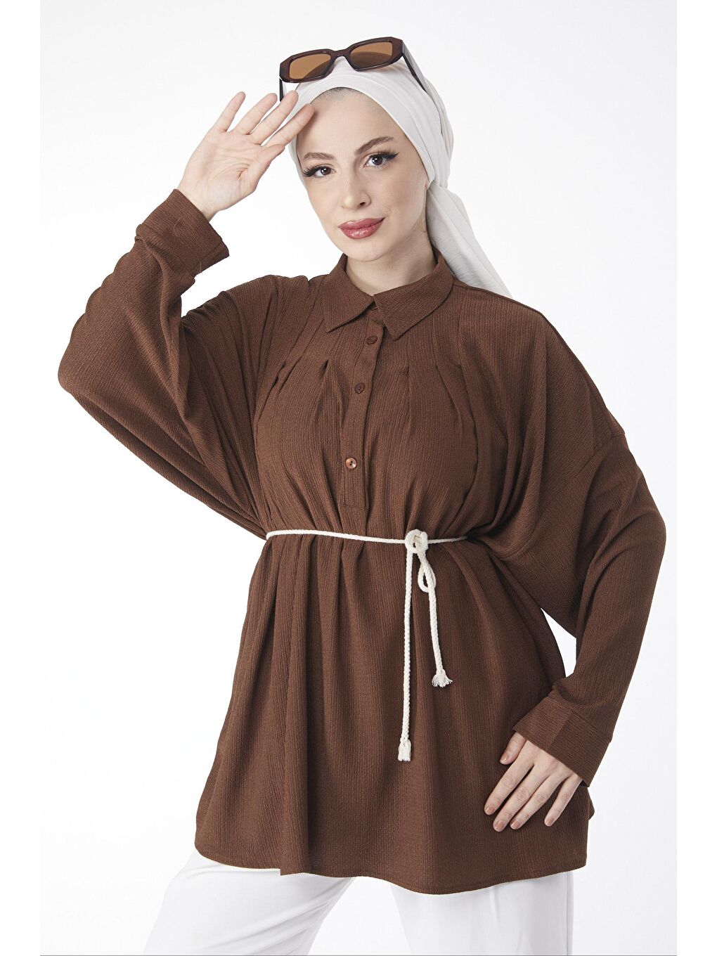 Gömlek Yaka Kadın Kahverengi Kemerli Tunik - 24716-4