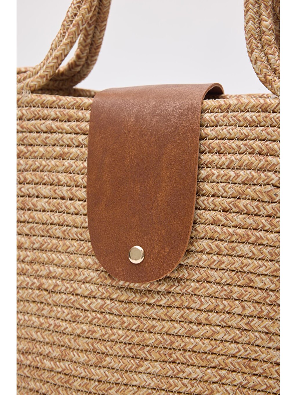 Bej Duffy Kapaklı Handmade Hasır Tote Çanta Vizon-5