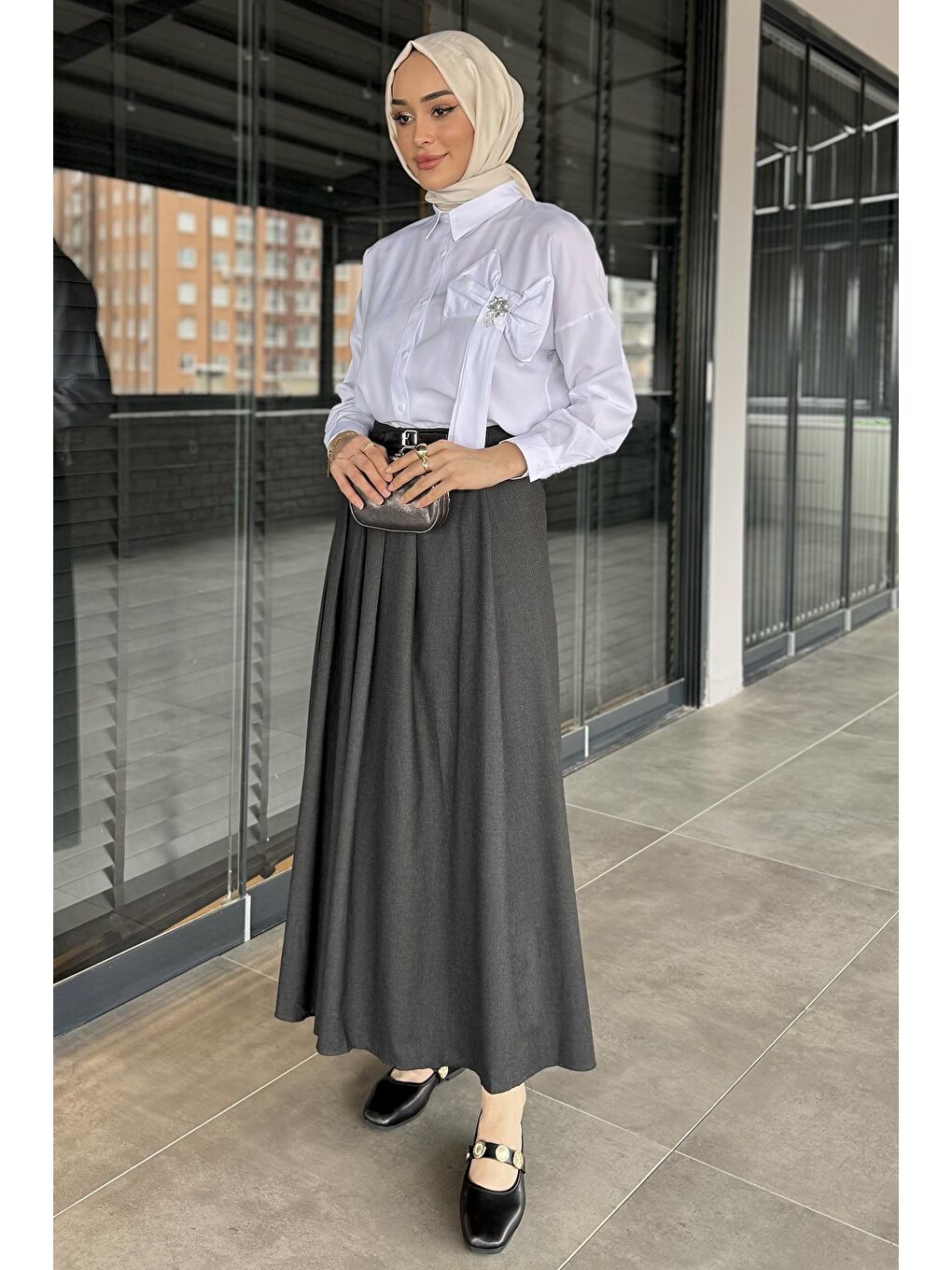 Antrasit Kadın Kemer Detaylı Pileli Tesettür Etek-3