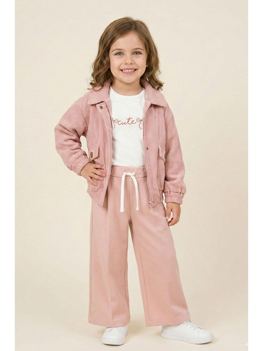 Pembe Kız Çocuk Montlu 3'Lü Takım  - Pudra