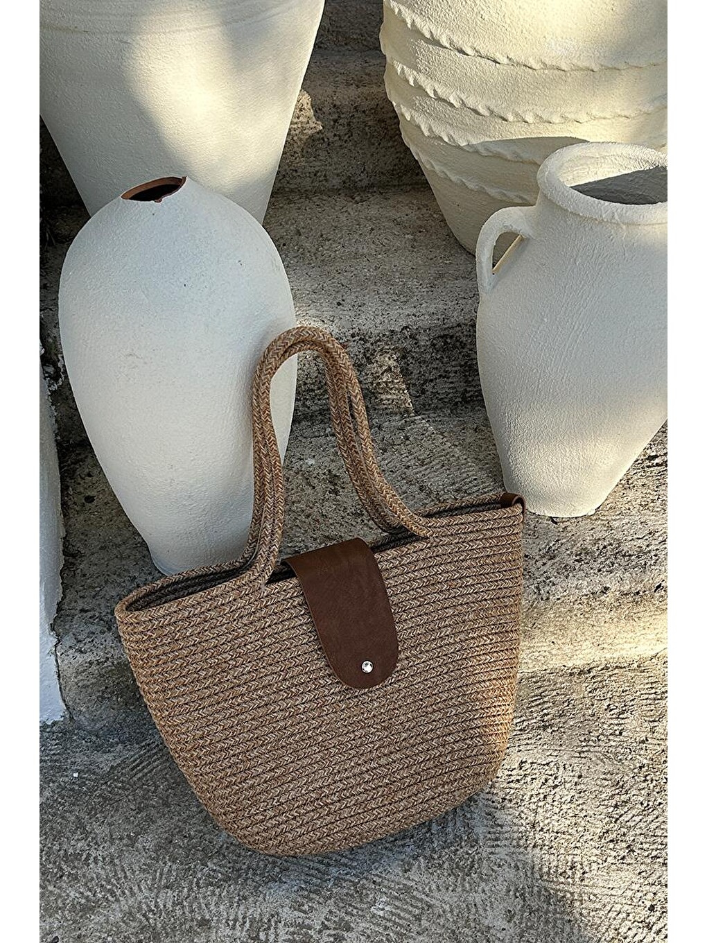 Bej Duffy Kapaklı Handmade Hasır Tote Çanta Vizon-6